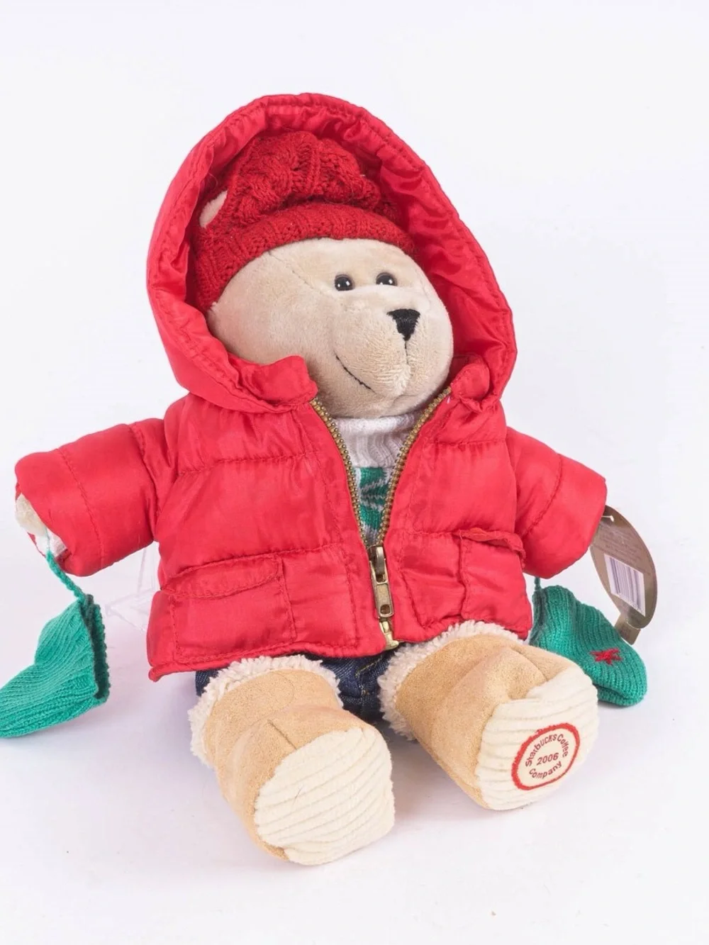 STARBUCKS NWT  Barista Bear in Red Puffer Jacket with Green Mittens 2006
